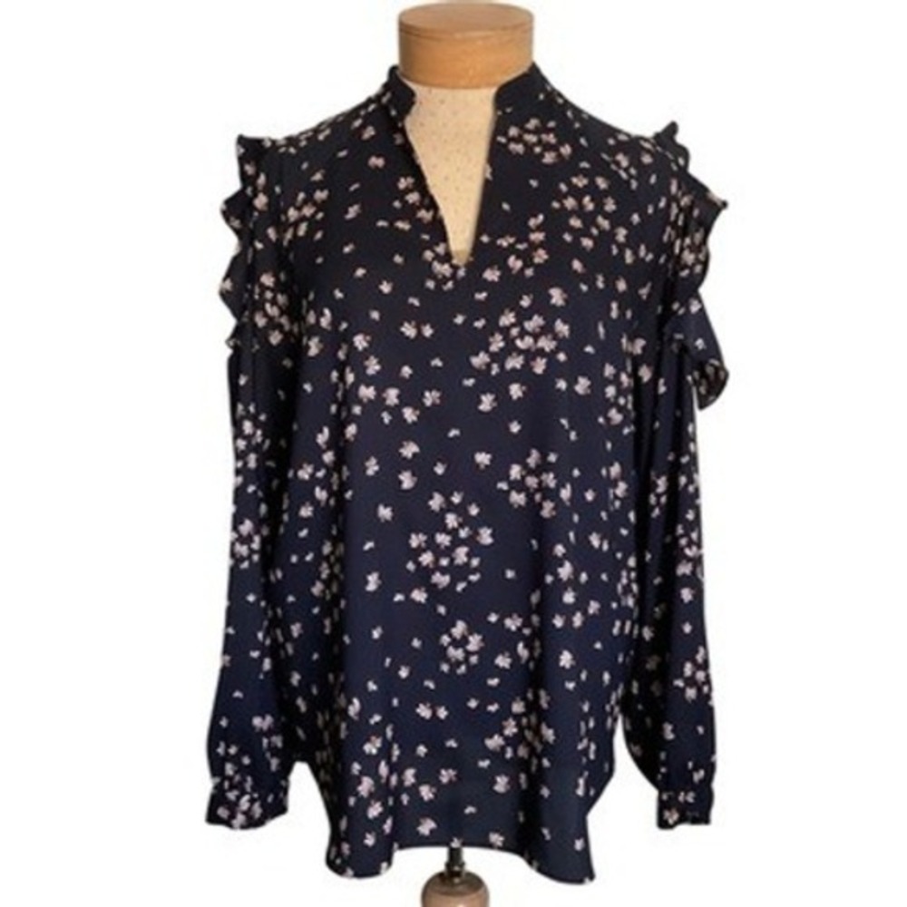 Ann Taylor Navy Blue‎ Floral Cold Shoulder Ruffle Split Neck Blouse L Romantic